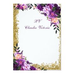 purple flowers and gold glitters on white paper with the word claudia victoria written in it