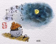 a drawing of a snowman sitting on a bench with the moon in the background