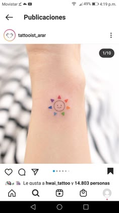 a small tattoo on the wrist of a person with a pig face and stars in different colors