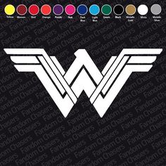 the wonder woman logo is shown in white on a black background with color swats