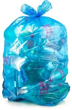 a blue bag filled with lots of plastic bottles