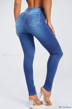 OrcaJump - Womens Blue Solid Patchwork High-Waisted Skinny Denim Jeans Denim Style Casual, Patterned Jeans, Maxi Dress Formal, Blue Solid, High Waisted Denim, Casual Jeans, Jeans Denim, Denim Fashion, Stylish Women