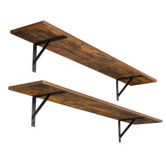 two wooden shelves with metal brackets on them