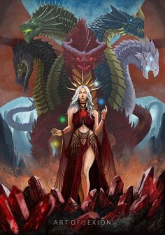 a woman in a red dress standing next to two large dragon like creatures and holding a crystal ball