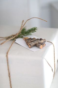 a present wrapped in twine and tied with twine, sitting on top of a white box