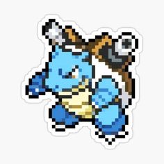 a pixel art sticker with an image of a blue and yellow pokemon character on it