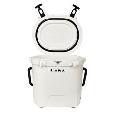 a large white cooler with black handles and the lid open to show it's inner compartment