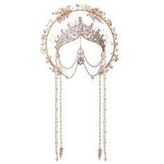 a tiara with pearls and crystals on the headpiece is hanging from a chain