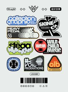 various stickers are shown on a white background