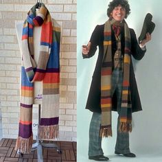 two pictures of the same scarf, one with an image of a man holding a book