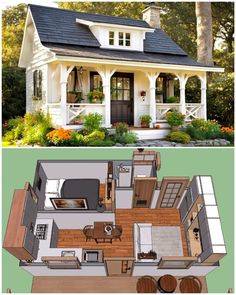 two pictures of small houses with porches and an open floor plan, one showing the living