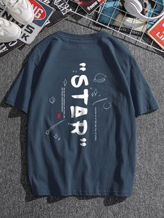 Navy Blue Casual  Short Sleeve Cotton Letter  Embellished Slight Stretch Summer Men Tops Navy Blue T Shirt Outfit Men, Vintage Shirt Design, Blue Graphic Tee, Cool Shirt Designs, Fashion Poster Design, Mens Tees Fashion, Celebrity Casual Outfits