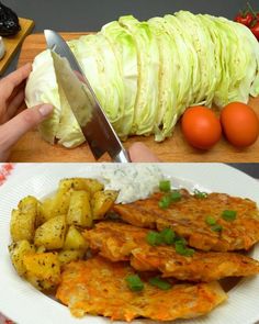 there are two pictures with different foods on the same plate and one has an open knife in it