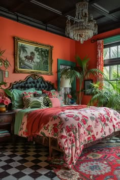 a bedroom with an orange wall, black and white checkered flooring, pink bedding and green accents