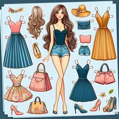 a paper doll with clothes and shoes on it's display board, including high heels