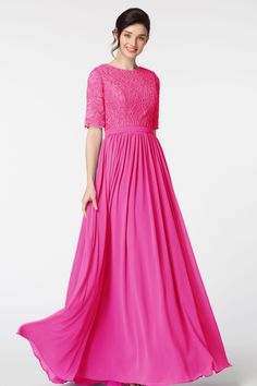 Modest LDS Hot Pink Bridesmaid Dress Elbow Sleeves Hot Pink Bridesmaid Dresses, Hot Pink Bridesmaids, Pink Bridesmaid Dress, Bridesmaid Gown, Chiffon Skirt, Elbow Sleeve, Printed Maxi Dress, The Floor, Bridesmaid Dress