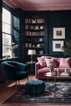 a living room filled with furniture and lots of bookshelves on the wall next to a window