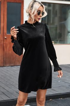 Features: Smocked, Ruffled Sheer: Opaque Stretch: Slightly stretchy Body: Not lined Material composition: 95% polyester, 5% elastane Care instructions: Machine wash cold. Tumble dry low. Imported Product measurements: S: front length 35.1 in, shoulder 13.1 in, bust 35.1 in, sleeve length 24.4 inM: front length 35.9 in, shoulder 13.7 in, bust 37.4 in, sleeve length 24.8 inL: front length 36.7 in, shoulder 14.2 in, bust 39.8 in, sleeve length 25.2 inXL: front length 37.4 in, shoulder 15.1 in, bust Black Long Sleeve Mini Dress, Dress High Neck, Velvet Midi Dress, Shift Dresses, Long Sleeve Shift Dress, High Neck Long Sleeve, Shift Dress Black, Long Sleeve Mini, Long Sleeve Mini Dress