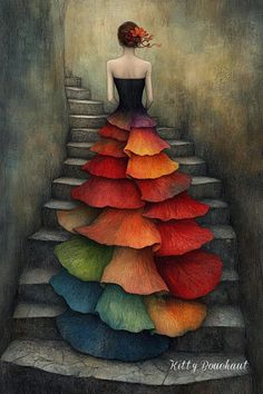 a painting of a woman in a colorful dress sitting on some stairs with her back to the camera