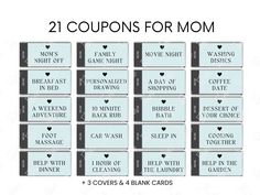 coupons for mother's day are shown in black and white, with hearts on them