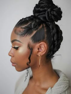 Halo Hairstyles For Black Women, Asian Inspired Hairstyles, Cute Buns Black Women, Mid Bun Hairstyles For Black Women, Braid And Curls Hairstyles, Bun With Braids Hairstyles, Braided Top Bun, Low Bun With Curls, Slick Bun Hairstyles For Black Women