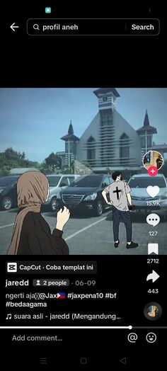 an anime scene with two people standing in front of cars and one person holding a cell phone