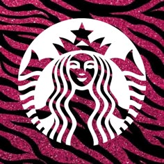 the starbucks logo is on top of a pink zebra print background with black and white stripes