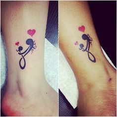 two tattoos with hearts on their ankles