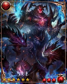 a card with an image of a demonic creature in the center and stars around it