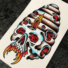 a drawing of a skull with a rocket on it