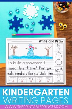 a snowman writing page with the words write and draw on it, next to some crafting supplies