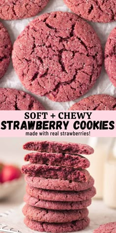 strawberry cookies stacked on top of each other with the words soft and chewy strawberry cookies