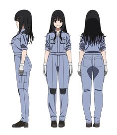 an anime character with long black hair and blue overalls, standing in three different positions