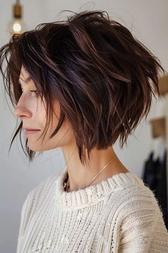 Cute Choppy Short Hair, Box Layers Haircut, Women’s Layered Medium Hair, Growing Out Hairstyles Ideas, Modern Mid Length Haircut, Aline Pixie Haircut, Messy Stacked Bob, Trendy Hair Cuts 2024, Jaimie Alexander Hair