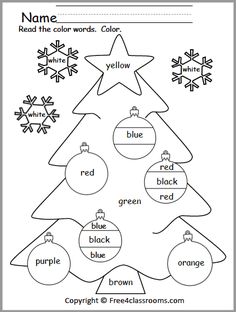 a christmas tree worksheet with the words name and colors on it, in black and