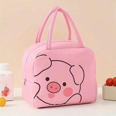 Cute Cartoon Pink Pig Printed Lunch Bag Large Capacity Pink Lunch Bag, Trendy Pink Lunch Bag For School, Playful Pink Large Capacity Bags, Playful Large Capacity Pink Bags, Cartoon Style Cute Rectangular Bag, Pink Portable Lunch Bag For Daily Use, Cute Rectangular Pink Lunch Bag, Cute Portable Lunch Bag, Cute Large Capacity Lunch Bag For Travel