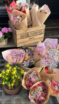 flowers are arranged in flower boxes on the ground