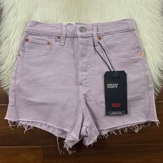 Levi’s Women's Size 29 Light Purple - Chalky Lavender Frost Ribcage High Rise Cut Off Denim Jean Shorts, Stretch, Five Pocket, Button Fly, 97% Cotton 2% Polyester 1% Elastane New With Tags Pictures Show Full Details And Measurements Thanks For Looking :) Purple Jean Shorts, Levi 501 Shorts, Ribcage Jeans, Mid Rise Denim Shorts, Levi Jean Shorts, Vintage Denim Shorts, Levis Denim Shorts, Purple Jeans, High Rise Denim Jeans