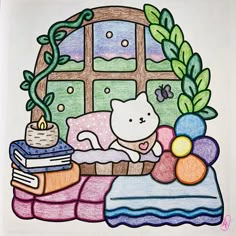 a drawing of a cat laying on a bed next to books and a potted plant