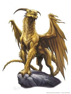 a golden dragon sitting on top of a rock