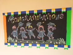 a chalkboard with children's graduation pictures and congratulationss written on the board