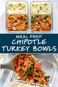 three meal prep bowls with chicken, rice and vegetables in them