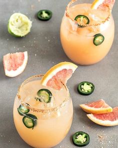 grapefruit margaritas with jalapenos and cucumber garnish