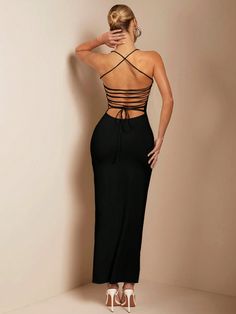 Black Sexy Collar Sleeveless Knitted Fabric Plain Cami Embellished Medium Stretch  Women Clothing Straight Long Dress, Women Maxi Dresses, Backless Design, Women Maxi, Womens Maxi Dresses, All Fashion, Women Clothes Sale, Women Clothing, Strapless Dress