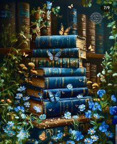 a painting of books with butterflies on them and flowers in the foreground, surrounded by blue bookcases