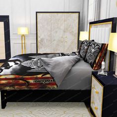 a bed room with a neatly made bed and two night stands next to each other