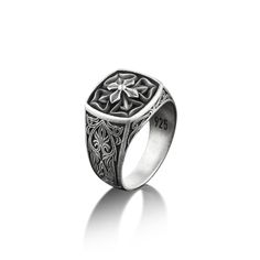 Lotus Floral Cross Mens Ring in Silver, Victorian Style Floral Pinky Signet Ring in Sterling Silver, Flower Ring with Leaf Motifs, Male Ring This lovely Floral cross signet ring is perfect for daily wear. It is crafted from fine 925K silver and has the most intricate details that are sure to catch the eye of anyone who sees it. Handcrafted with love and joy, this ring will be with you for years to come, possibly even taking its place as a family heirloom for generations to come! With its detaile Luxury Victorian Men's Ring, Victorian Ring, Victorian Silver Signet Ring With Polished Finish, Luxury Men's Sterling Silver Ring With Intricate Design, Luxury Victorian Silver Signet Ring, Spiritual Sterling Silver Flower Ring, Pinky Signet Ring, Mens Crosses, Victorian Rings