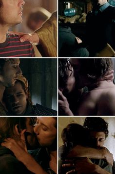 several pictures of people and one is kissing the other has his arm around another person's neck