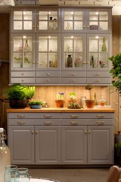 an image of a kitchen setting with plants on the counter and glassware in the cupboards