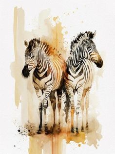 two zebras standing next to each other in front of a watercolor painting background